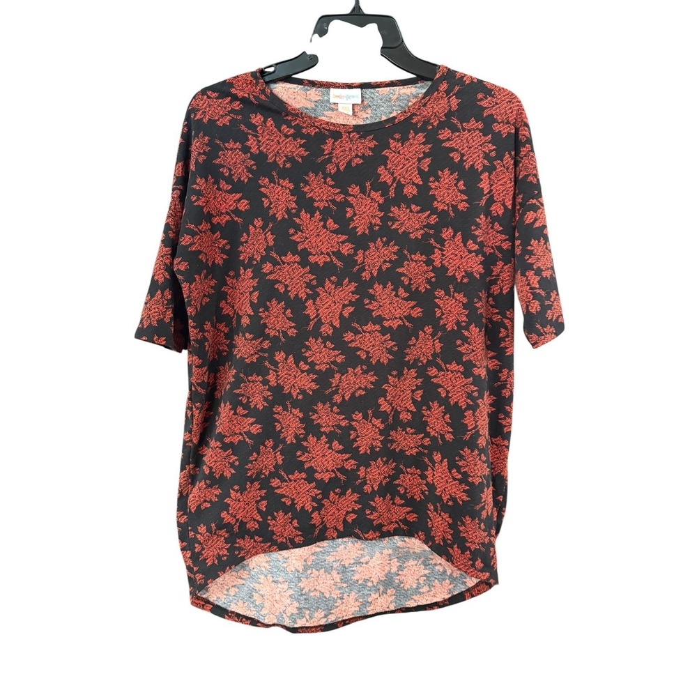 LuLaRoe Irma Tunic Top XXS Womens Black Red Floral High Low Elbow Sleeve Shirt
